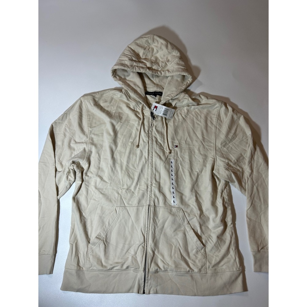 Tommy Hilfiger Zip Hoodie Mens Large Beige NWT Waffle Lined Cotton Sweatshirt
